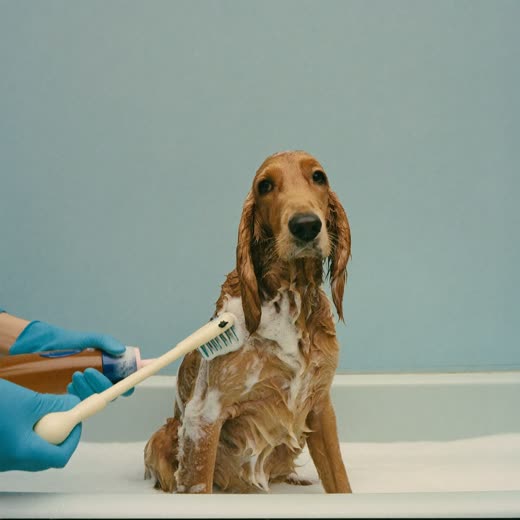 A cocker spaniel mid-bath, covered in shampoo lather